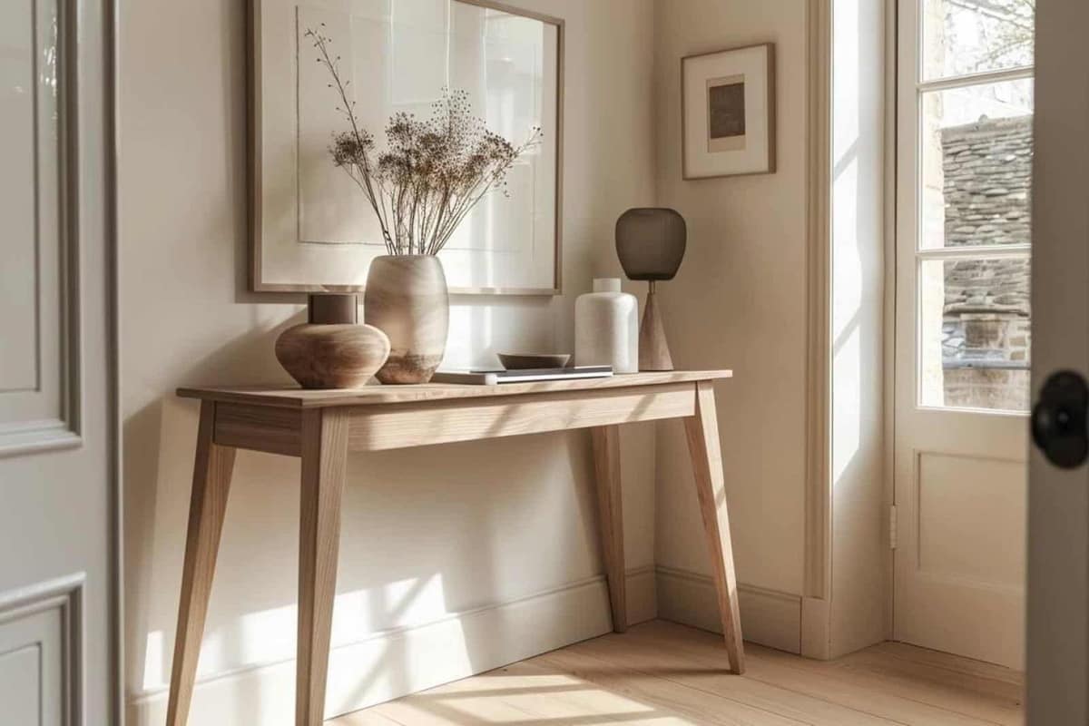 Hall d’entrée étroit avec console en bois clair, miroir rond et tapis tissé