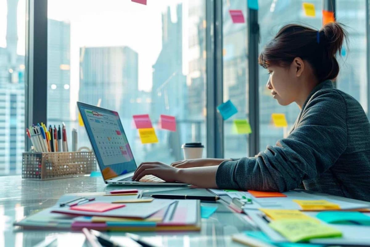 Ordinateur et smartphone affichant un planning hebdomadaire sur un bureau lumineux