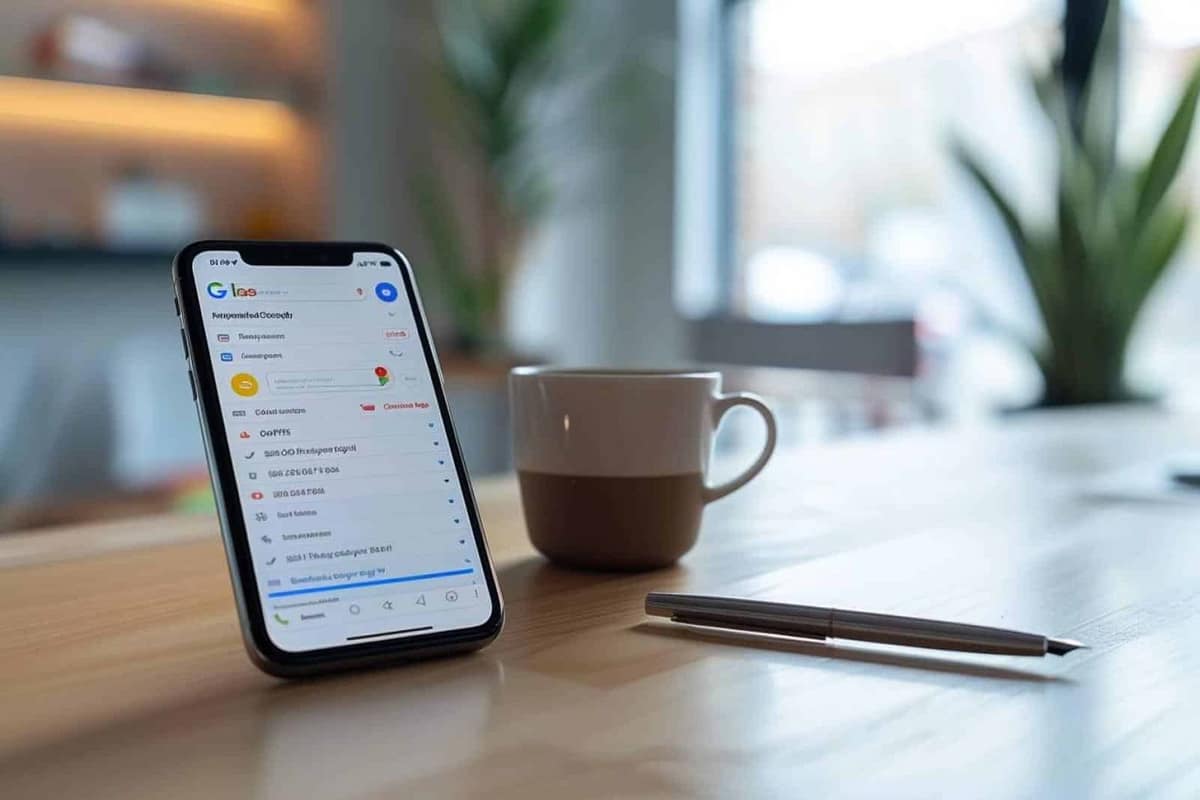Téléphone Android ouvert sur des réglages de comptes, posé sur une table claire