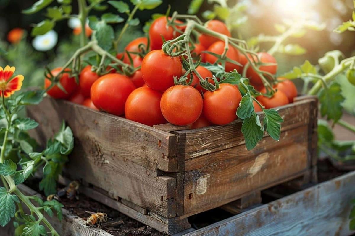 Tomates mûres sur plants paillés avec compost dans un potager français