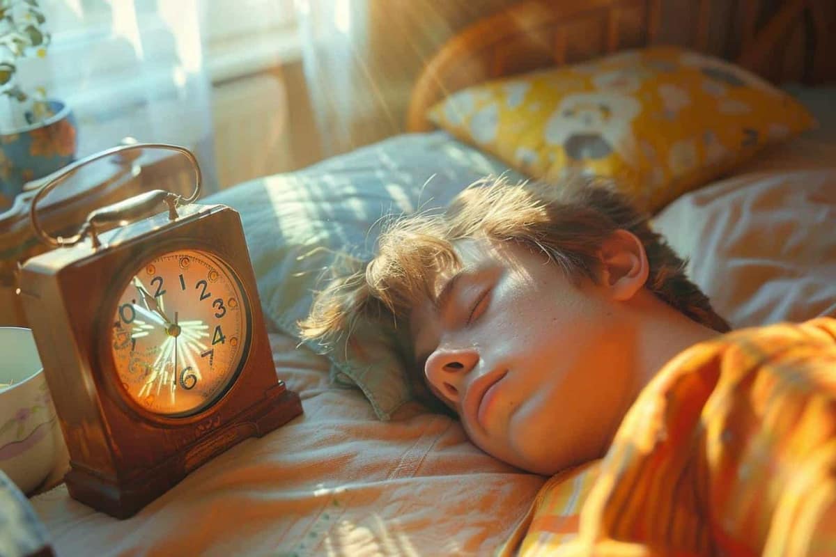 Réveil posé loin du lit près d’une fenêtre entrouverte au petit matin
