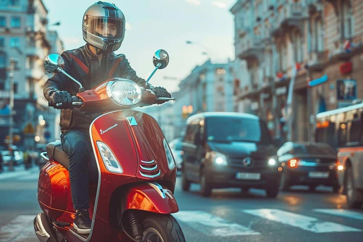 Scooter trois roues sécurisé par un antivol dans un parking résidentiel couvert