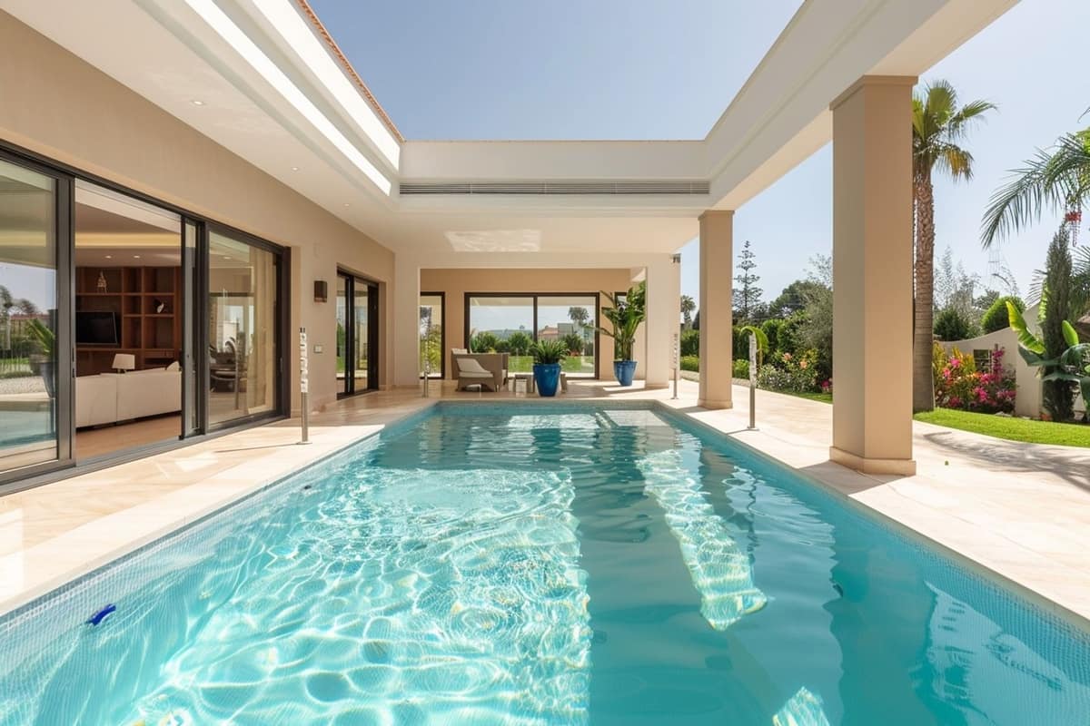 Villa contemporaine avec piscine rectangulaire et jardin méditerranéen entretenu