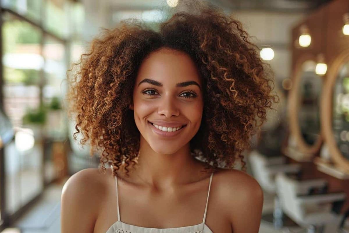 Coupe dégradée mi-longue sur cheveux bouclés, vue de dos dans un salon