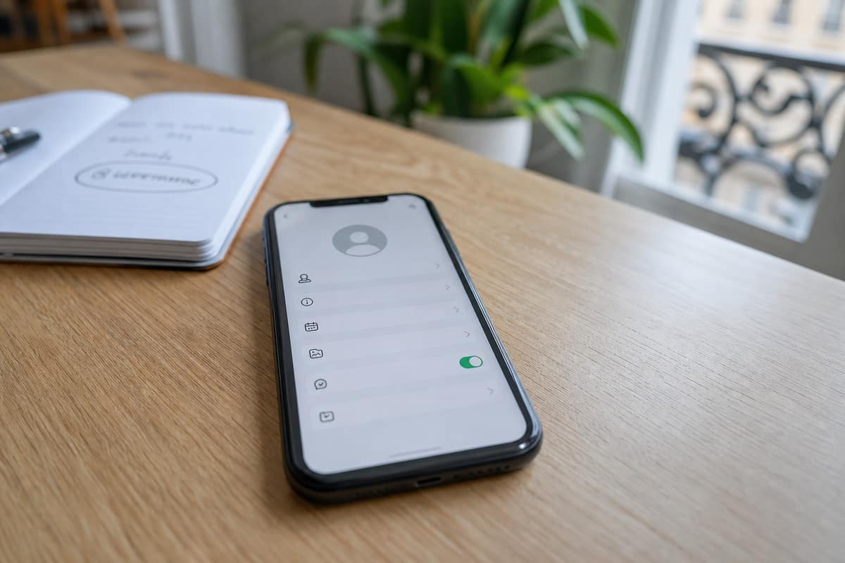 Smartphone ouvert sur des réglages de profil de messagerie sur une table en bois