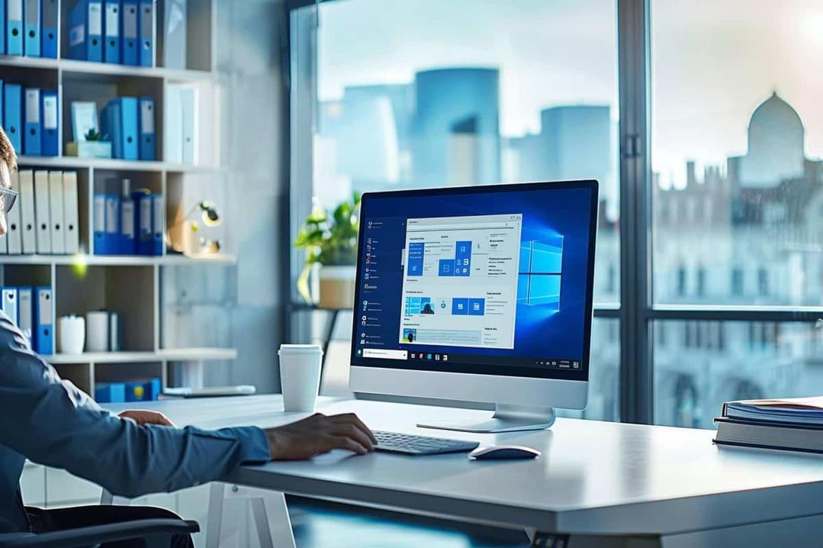 Ordinateur portable recherchant un fichier dans un bureau domestique bien rangé