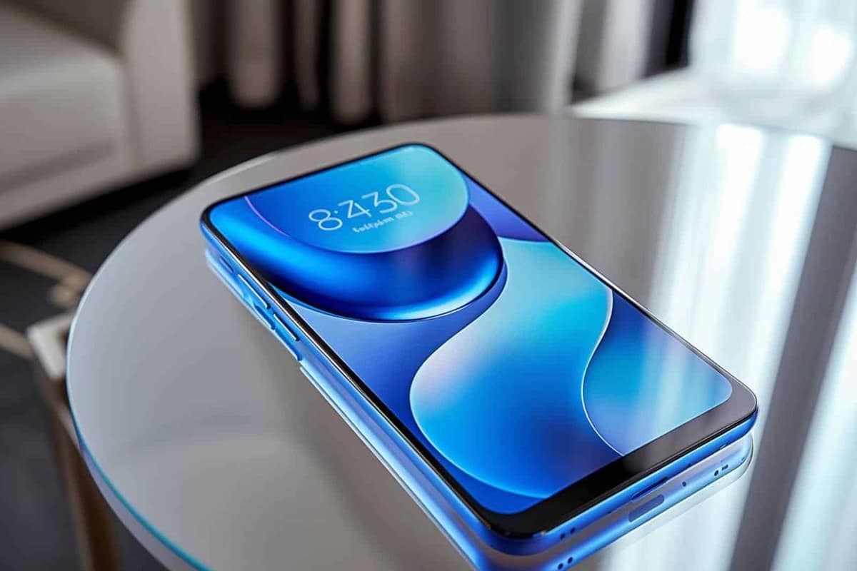 Smartphone Android noir avec câble USB-C, écouteurs filaires et carte microSD sur table