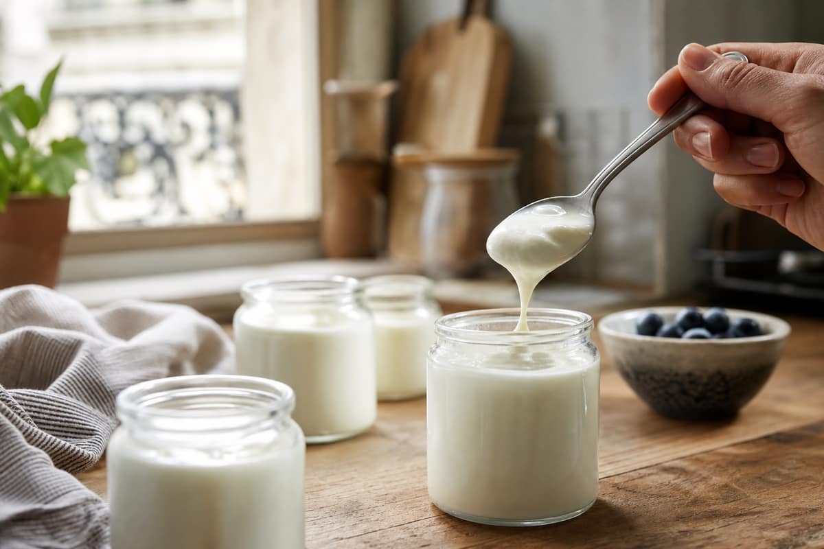 Pots de yaourt maison en verre sur un plan de travail, l'un ouvert montrant la texture