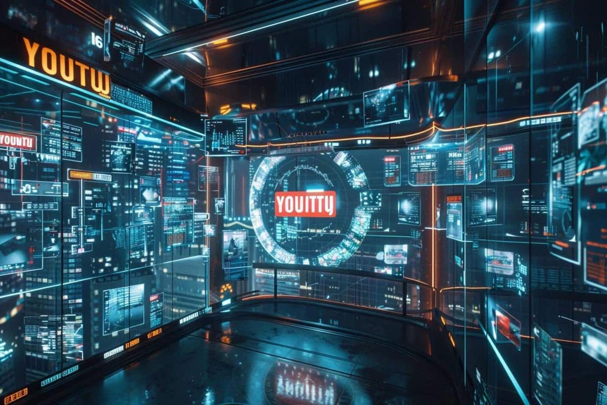 Télévision et ordinateur diffusant des interfaces vidéo dans un salon français